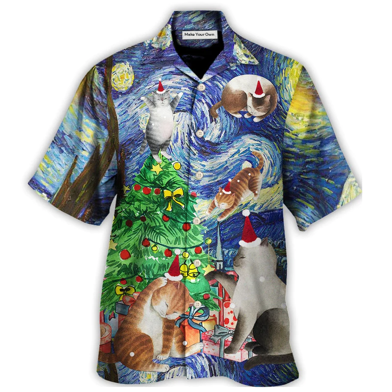 Hawaiian Shirt / Adults / S Christmas Cat Playing In Starry Night - Hawaiian Shirt - Reefox