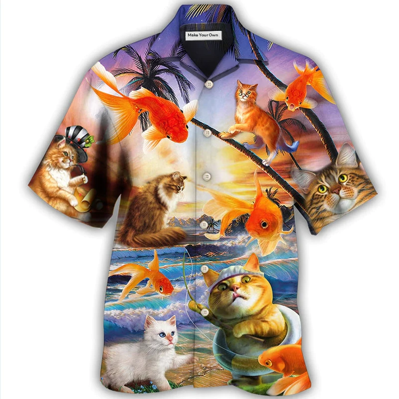 Hawaiian Shirt / Adults / S Cat Catchs Fish Style - Hawaiian Shirt - Reefox