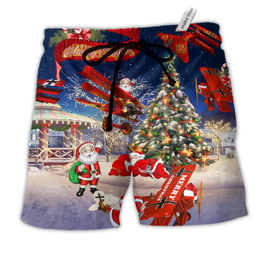Beach Short / Adults / S Christmas No Reindeer Any More Santa Loves Airplane - Beach Short Reefox - Owls Matrix LTD