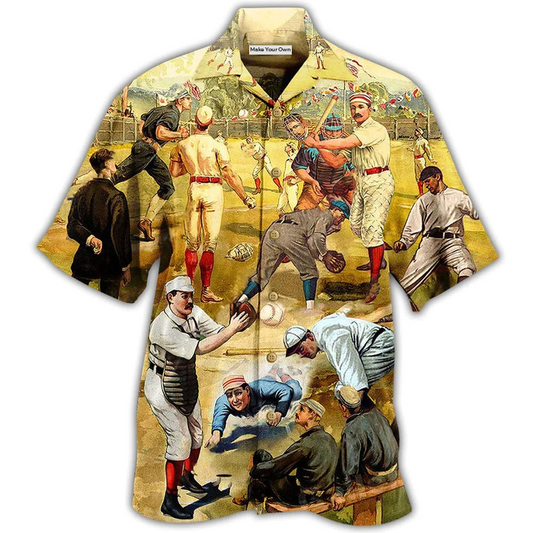 Hawaiian Shirt / Adults / S Baseball Hit Hard Run Fast Turn Left Vintage Style - Hawaiian Shirt - Reefox