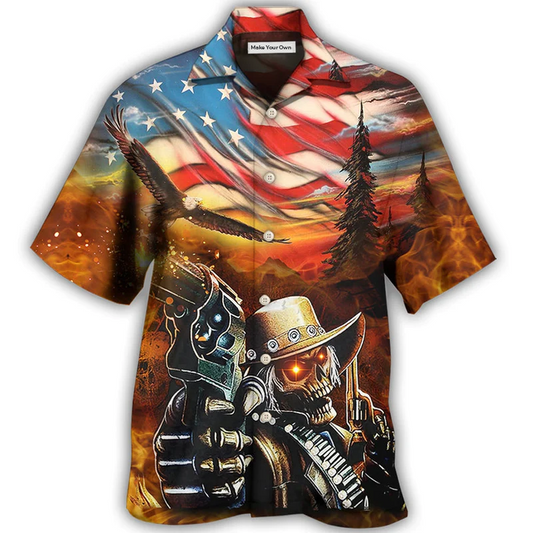 Hawaiian Shirt / Adults / S Skull Cowboy Shot Gun American Flag Vintage - Hawaiian Shirt - Reefox
