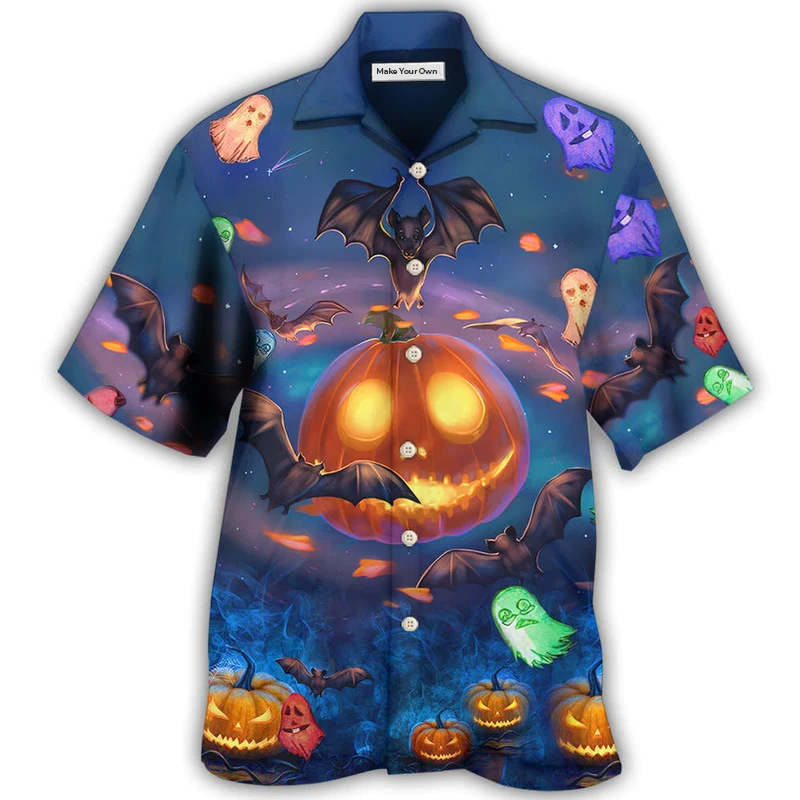 Hawaiian Shirt / Adults / S Halloween Glowing Pumpkins By Night With Bat - Hawaiian Shirt - Reefox