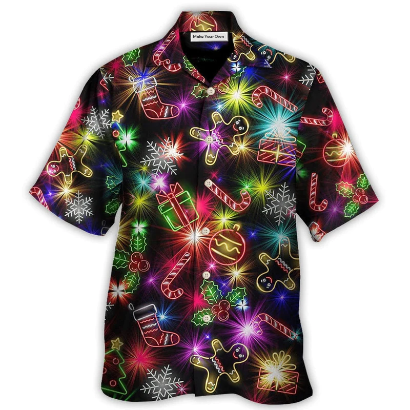 Hawaiian Shirt / Adults / S Christmas With Tree And Gift Cookies Gingerbread Man Neon Style - Hawaiian Shirt - Reefox