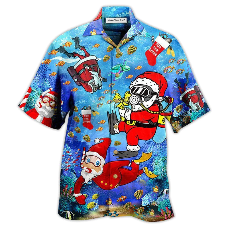 Hawaiian Shirt / Adults / S Christmas Santa Claus Dives In Blue - Hawaiian Shirt - Reefox