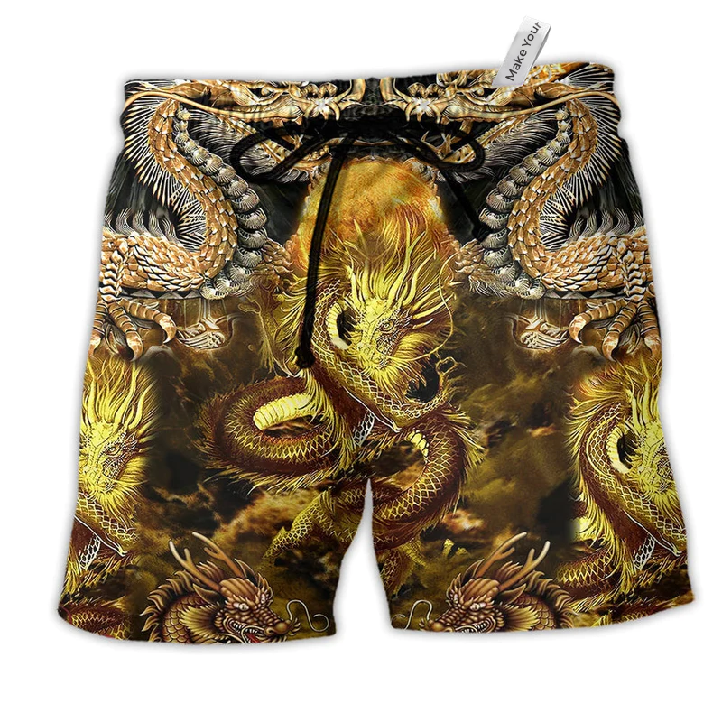 Beach Short / Adults / S Dragon Love Life Style Gold Pattern - Beach Short Reefox - Owls Matrix LTD