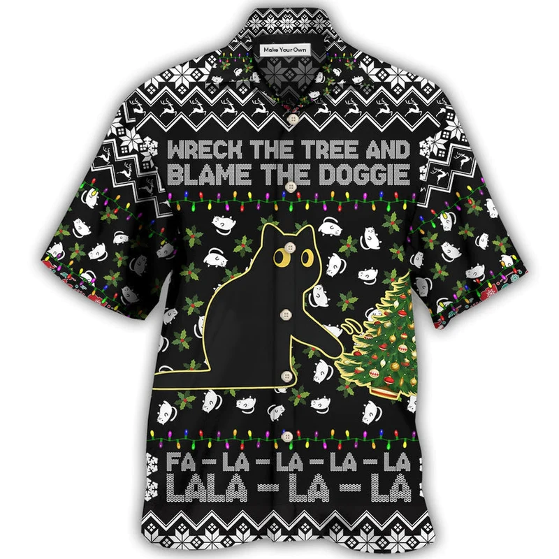 Hawaiian Shirt / Adults / S Black Cat Wreck The Tree And Blame The Doggie Merry Christmas La La - Hawaiian Shirt - Reefox