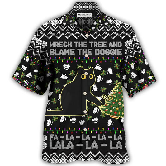 Hawaiian Shirt / Adults / S Black Cat Wreck The Tree And Blame The Doggie Merry Christmas La La - Hawaiian Shirt - Reefox