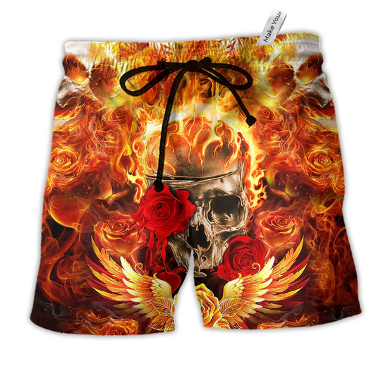 Beach Short / Adults / S Skull Flaming Rose Fire - Beach Short Reefox - Owls Matrix LTD