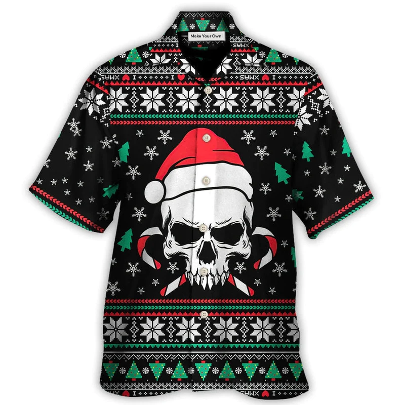 Hawaiian Shirt / Adults / S Christmas Skull Wearing Santa Claus Hat And Sweat Candy - Hawaiian Shirt - Reefox