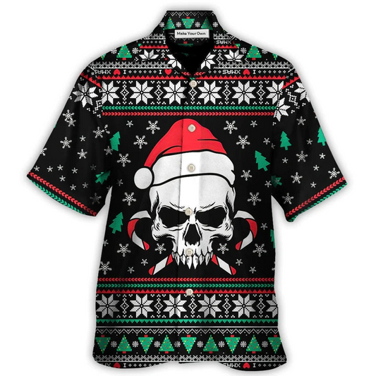 Hawaiian Shirt / Adults / S Christmas Skull Wearing Santa Claus Hat And Sweat Candy - Hawaiian Shirt - Reefox