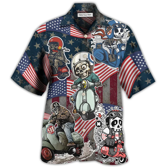 Hawaiian Shirt / Adults / S Scooter Skeleton USA Flag Independence Day - Hawaiian Shirt - Reefox