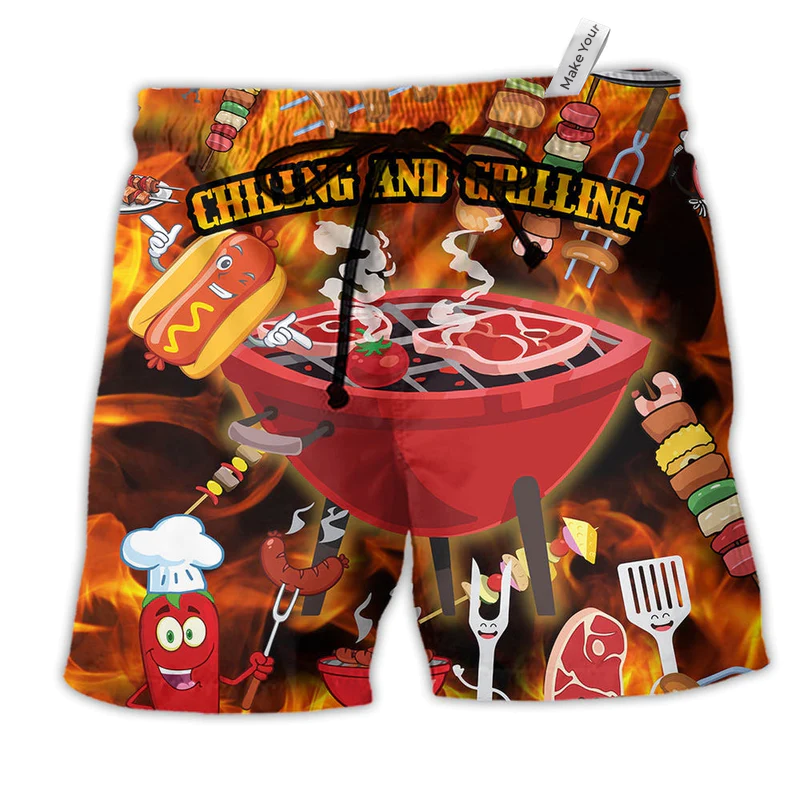 Beach Short / Adults / S Food Chilling and Grilling BBQ Party Red Style - Beach Short Reefox - Owls Matrix LTD