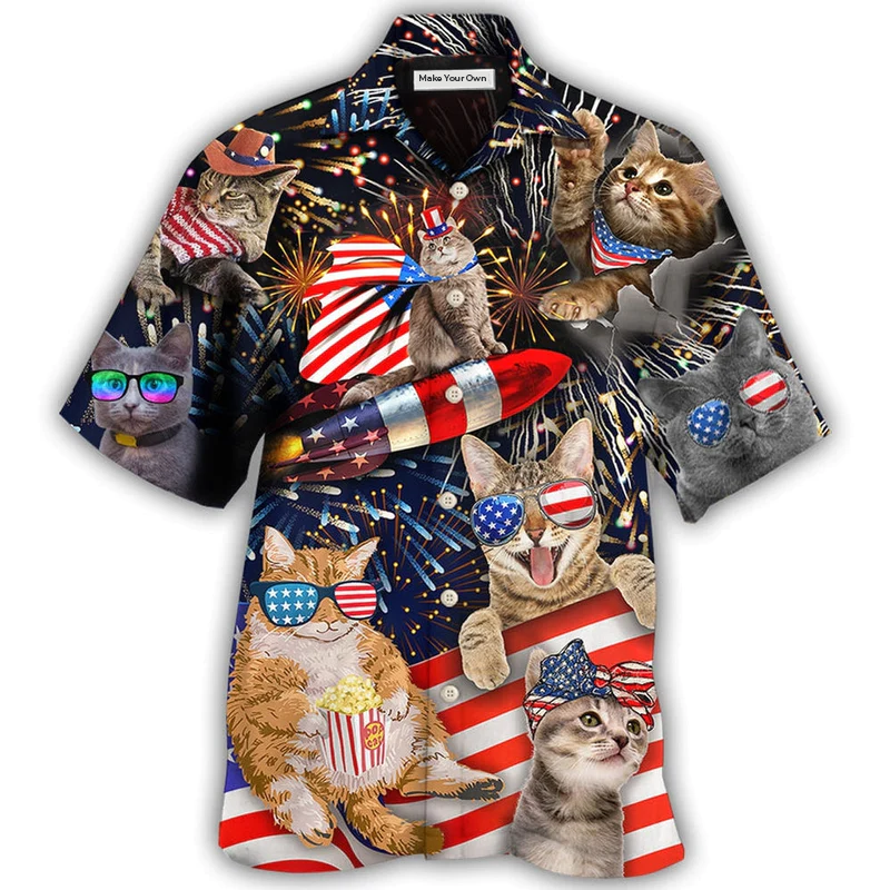 Hawaiian Shirt / Adults / S Cat Independence Day Happy Firework - Hawaiian Shirt - Reefox