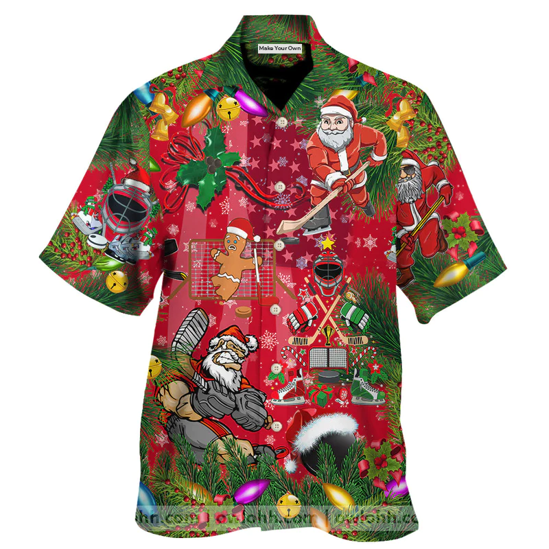 Christmas Come On Play Hockey With Santa Claus And Reindeer So Nice - Hawaiian Shirt