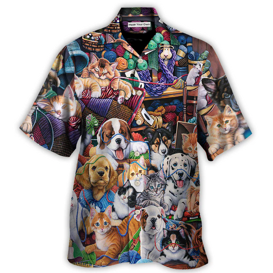 Hawaiian Shirt / Adults / S Dog And Cat Play Yarn Together - Hawaiian Shirt - Reefox