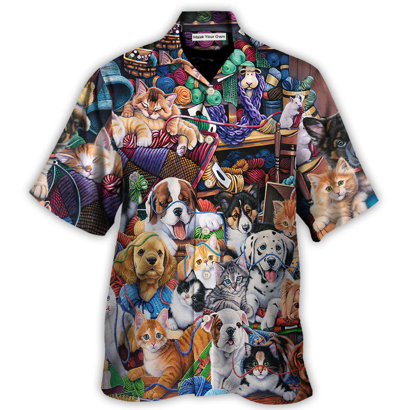 Hawaiian Shirt / Adults / S Dog And Cat Play Yarn Together - Hawaiian Shirt - Reefox