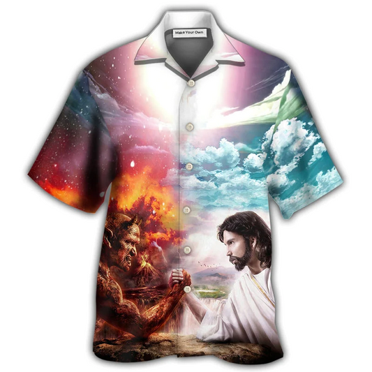 Hawaiian Shirt / Adults / S Wrestling Arm Wrestling Jesus vs Satan - Hawaiian Shirt - Reefox