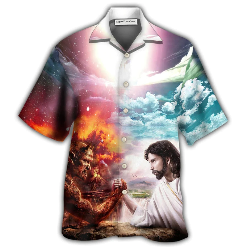 Hawaiian Shirt / Adults / S Wrestling Arm Wrestling Jesus vs Satan - Hawaiian Shirt - Reefox