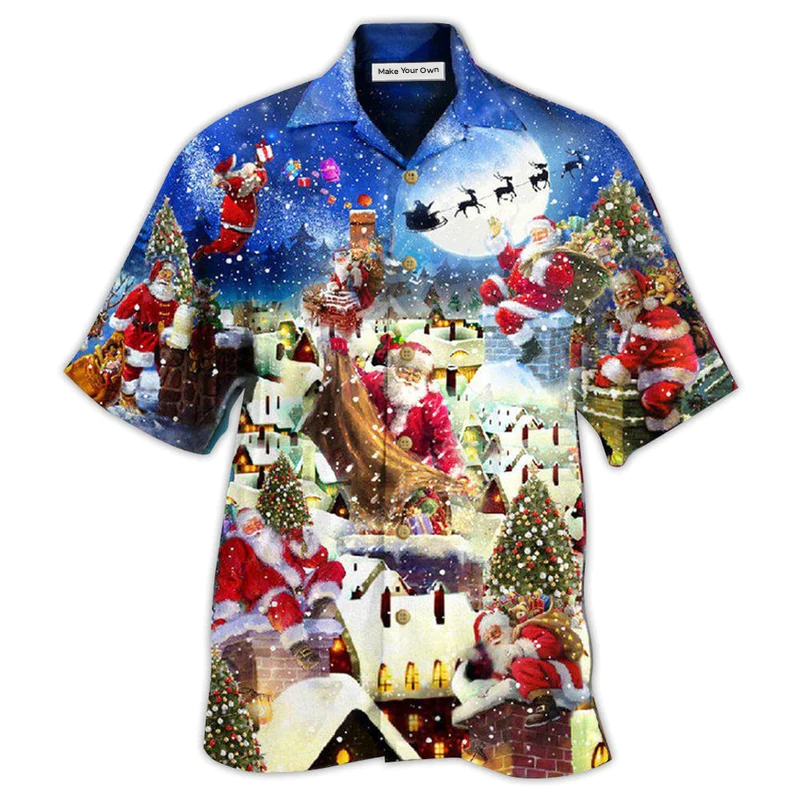 Hawaiian Shirt / Adults / S Christmas Up On Rooftop Santa's Busiest Night With Reindeer - Hawaiian Shirt - Reefox
