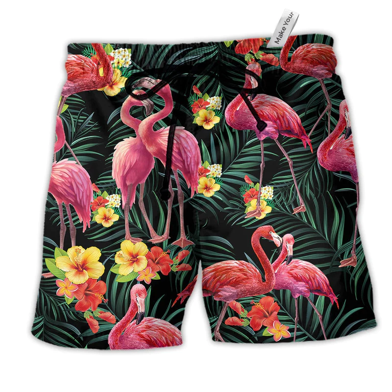 Beach Short / Adults / S Flamingo Couple Love Flowers - Beach Short Reefox - Owls Matrix LTD