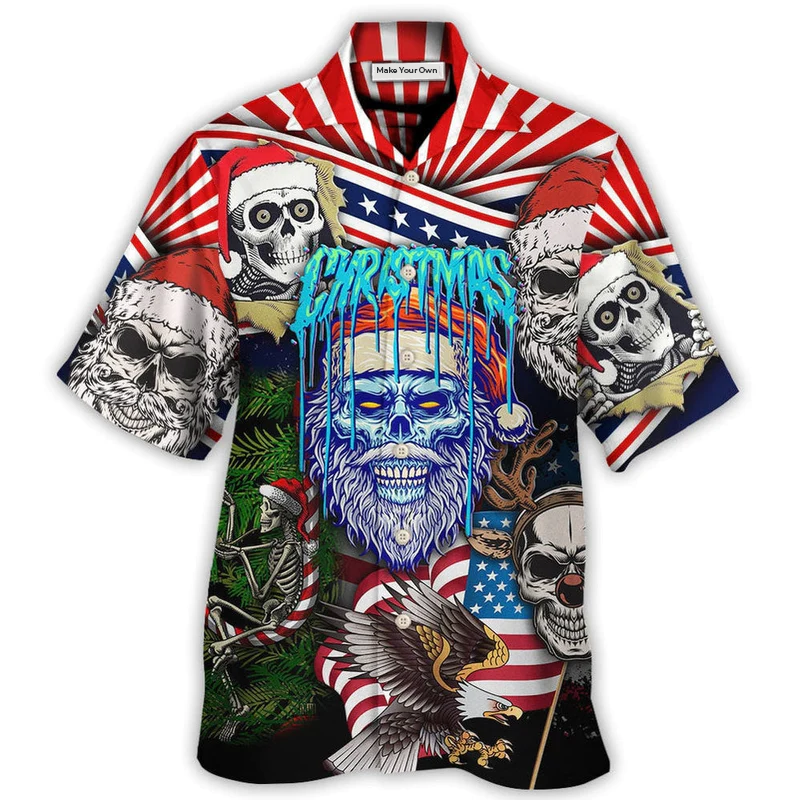 Hawaiian Shirt / Adults / S Skull Christmas US Flag Skeleton Horror Merry Christmas - Hawaiian Shirt - Reefox