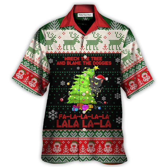 Hawaiian Shirt / Adults / S Cat Wreck The Tree Christmas Tree Light Funny Ugly Style - Hawaiian Shirt - Reefox