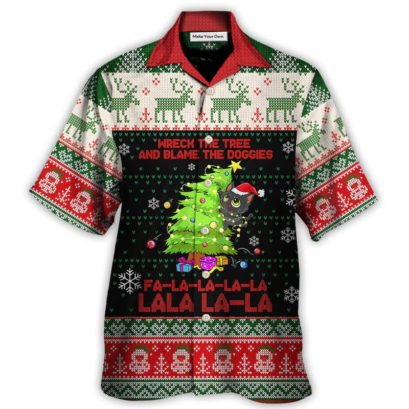 Hawaiian Shirt / Adults / S Cat Wreck The Tree Christmas Tree Light Funny Ugly Style - Hawaiian Shirt - Reefox