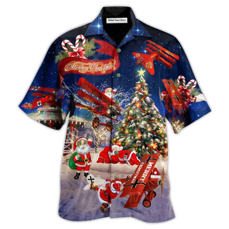Hawaiian Shirt / Adults / S Christmas No Reindeer Any More Santa Loves Airplane In Blue - Hawaiian Shirt - Reefox