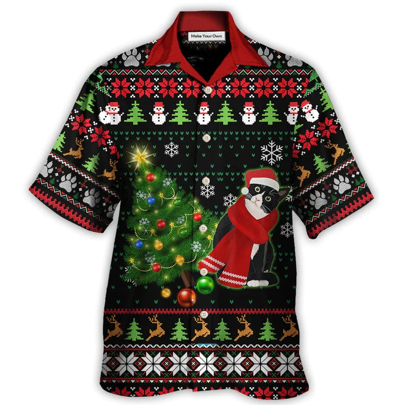 Hawaiian Shirt / Adults / S Cat Wreck The Tree Happy Ugly Style Christmas - Hawaiian Shirt - Reefox