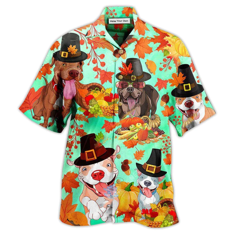 Hawaiian Shirt / Adults / S Pitbull Dog Happy Thanksgiving - Hawaiian Shirt - Reefox