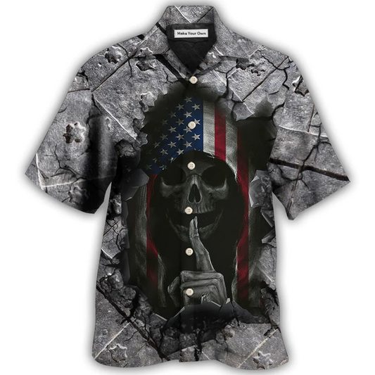 Hawaiian Shirt / Adults / S Skull Dark American Flag Strong Wrought Iron - Hawaiian Shirt - Reefox
