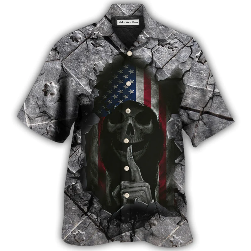 Hawaiian Shirt / Adults / S Skull Dark American Flag Strong Wrought Iron - Hawaiian Shirt - Reefox