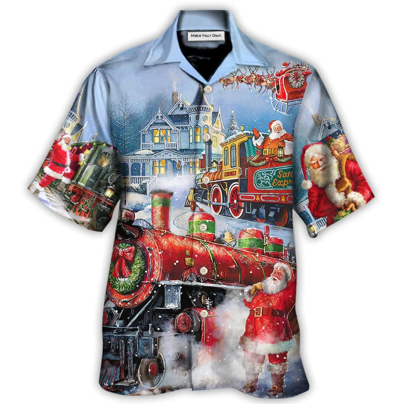Hawaiian Shirt / Adults / S Christmas Santa Claus Train Gift For Xmas Painting Style - Hawaiian Shirt - Reefox