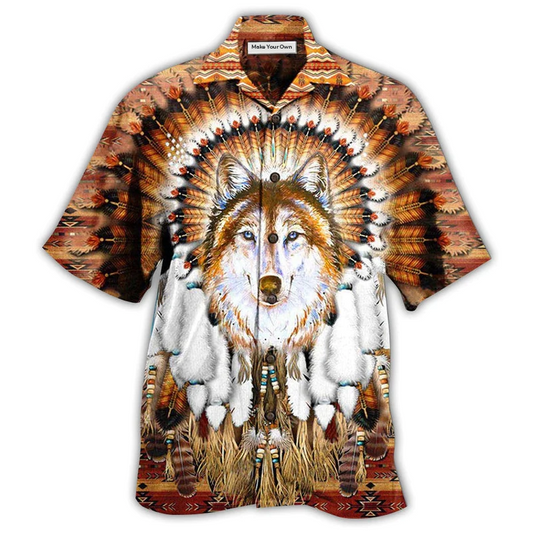 Hawaiian Shirt / Adults / S Native American Wolf Feather Headdress Cool - Hawaiian Shirt - Reefox