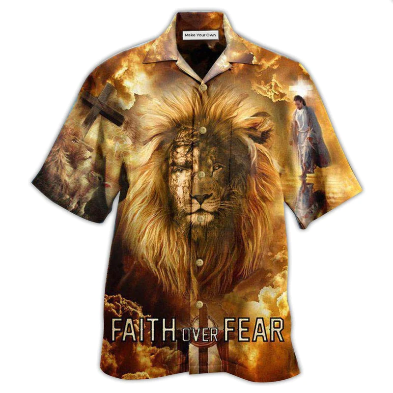 Hawaiian Shirt / Adults / S Jesus Lion Faith Over Fear Psalms - Hawaiian Shirt - Reefox