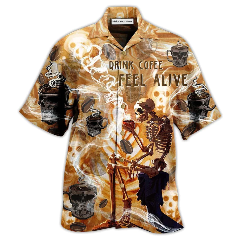 Hawaiian Shirt / Adults / S Skull Drink Coffee Feel Alive - Hawaiian Shirt - Reefox