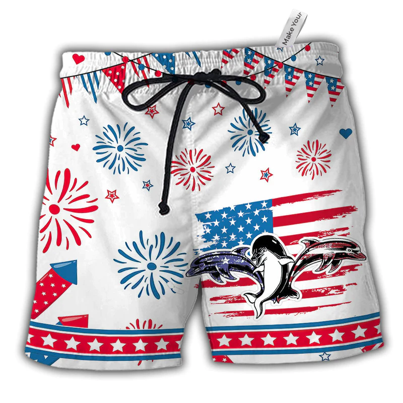 Beach Short / Adults / S Dolphin Independence Day Funny Dolphin - Beach Short Reefox - Owls Matrix LTD