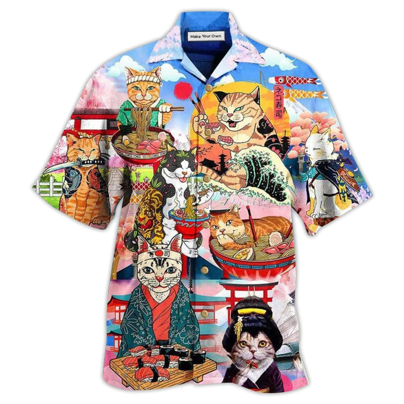 Hawaiian Shirt / Adults / S Cat Samurai With Ramen Lovely - Hawaiian Shirt - Reefox