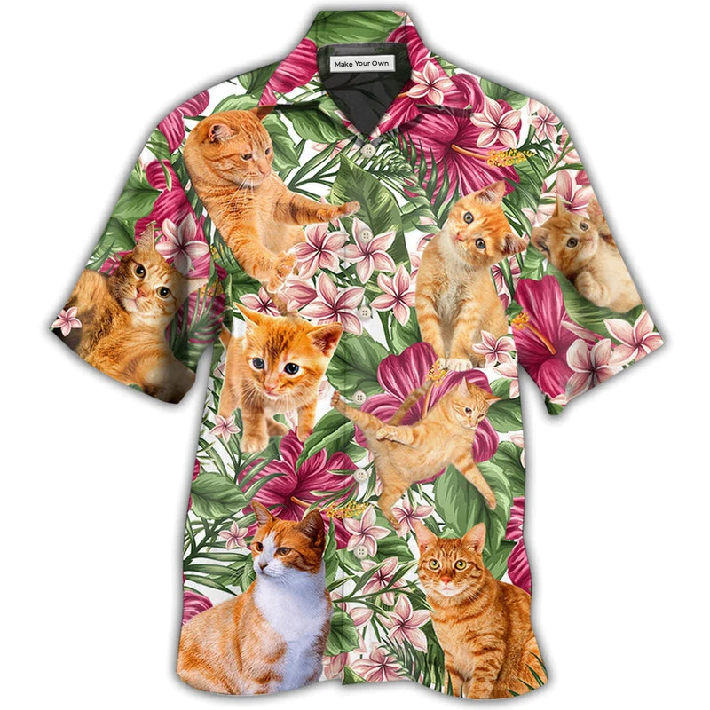 Hawaiian Shirt / Adults / S Cat Tropical Floral Orange Cat - Hawaiian Shirt - Reefox