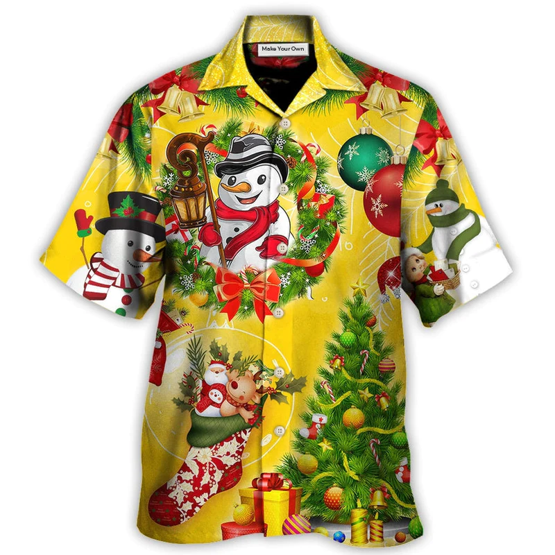 Hawaiian Shirt / Adults / S Christmas Funny Snowman Happy Christmas Tree Yellow Light - Hawaiian Shirt - Reefox