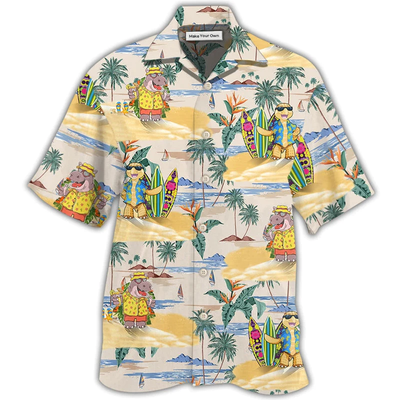 Hawaiian Shirt / Adults / S Cartoon Hippo And Turtle Tropical Style - Hawaiian shirt - Reefox