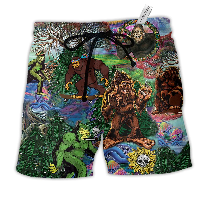 Beach Short / Adults / S Hippie Bigfoot Peace Life Color Green - Beach Short Reefox - Owls Matrix LTD