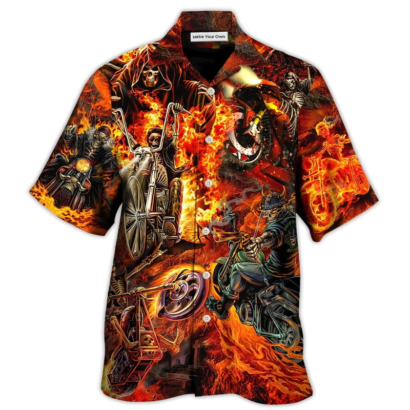 Hawaiian Shirt / Adults / S Motorcycle Lover Skull Fire Burning Art Style - Hawaiian Shirt - Reefox