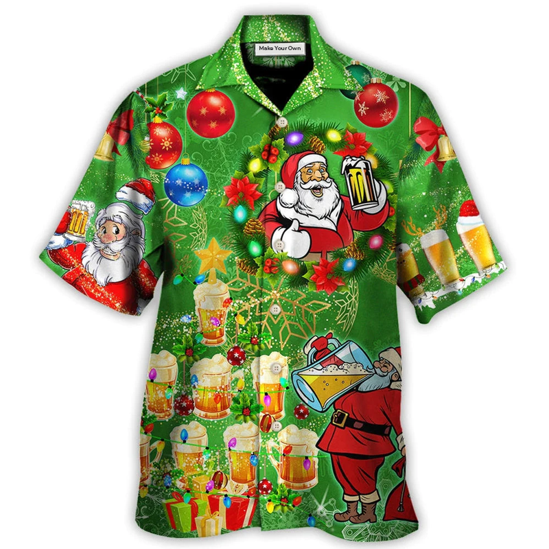 Hawaiian Shirt / Adults / S Christmas Funny Santa Claus Drinking Beer Happy Christmas Tree Green Light - Hawaiian Shirt - Reefox