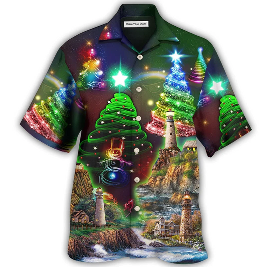 Hawaiian Shirt / Adults / S Lighthouse And Merry Christmas Happy - Hawaiian Shirt - Reefox
