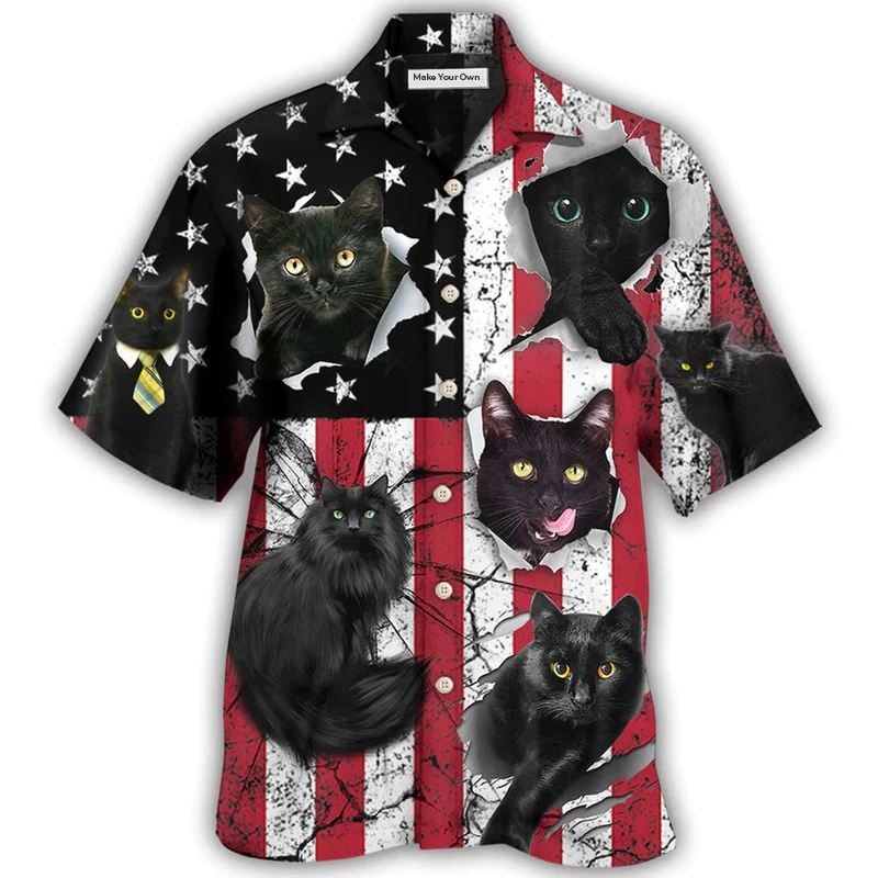 Hawaiian Shirt / Adults / S Black Cat Independence Day - Hawaiian Shirt - Reefox