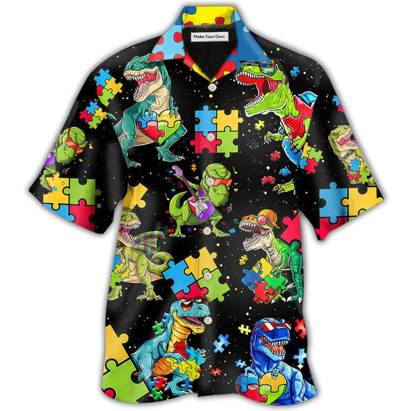 Hawaiian Shirt / Adults / S Autism Dinosaur Black - Hawaiian Shirt - Reefox