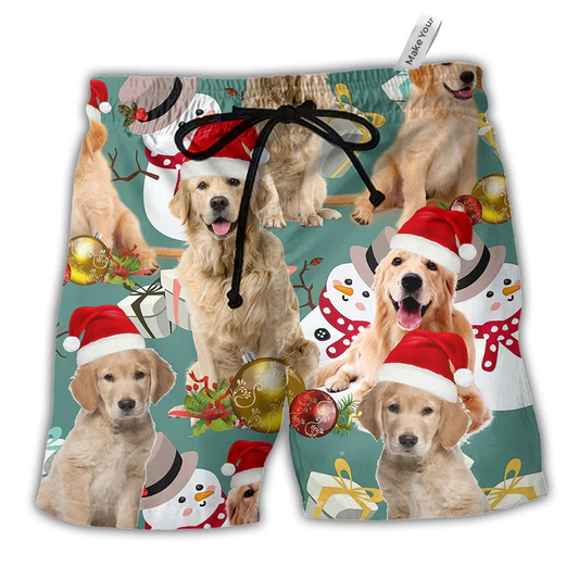Beach Short / Adults / S Golden Retriever Merry Christmas Snowman - Beach Short Reefox - Owls Matrix LTD