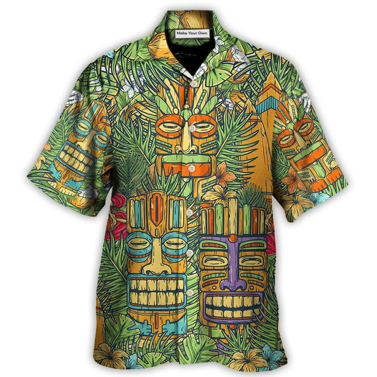 Hawaiian Shirt / Adults / S Tiki Mask Tropical Hawaii Sur Board And Palm Leaves - Hawaiian Shirt - Reefox