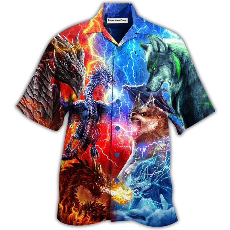 Hawaiian Shirt / Adults / S Dragon And Wolf Fighting - Hawaiian Shirt - Reefox